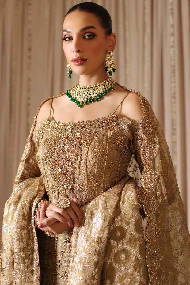 Elegant Pakistani Bridal Dress in Gold Kameez Gharara Style