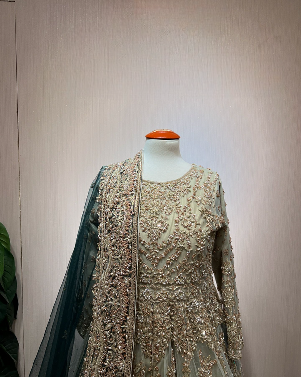 Elegant Pakistani Bridal Dress in Open Frock and Lehenga Style