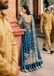 Elegant Pakistani Bridal Dress in Open Gown Blue Lehenga Style