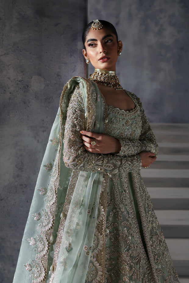 Elegant Pakistani Bridal Dress in Open Gown and Lehenga Style