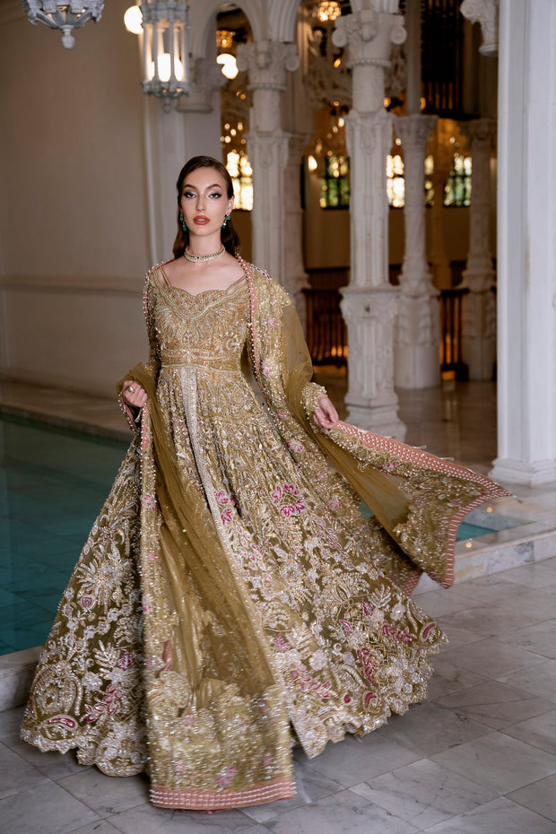 Elegant Pakistani Bridal Dress in Open Maxi and Lehenga Style