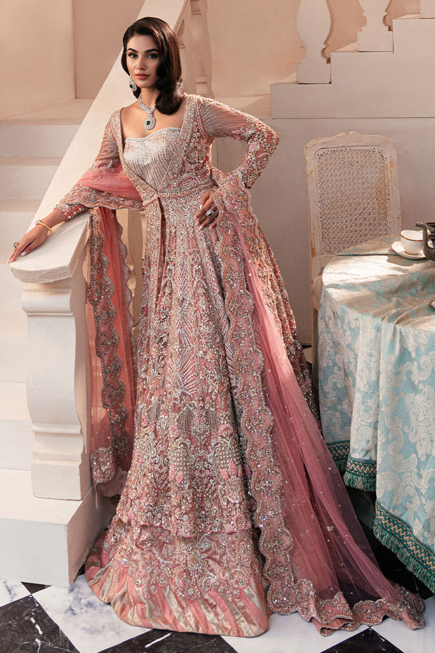 Elegant Pakistani Bridal Dress in Open Pishwas and Lehenga Style