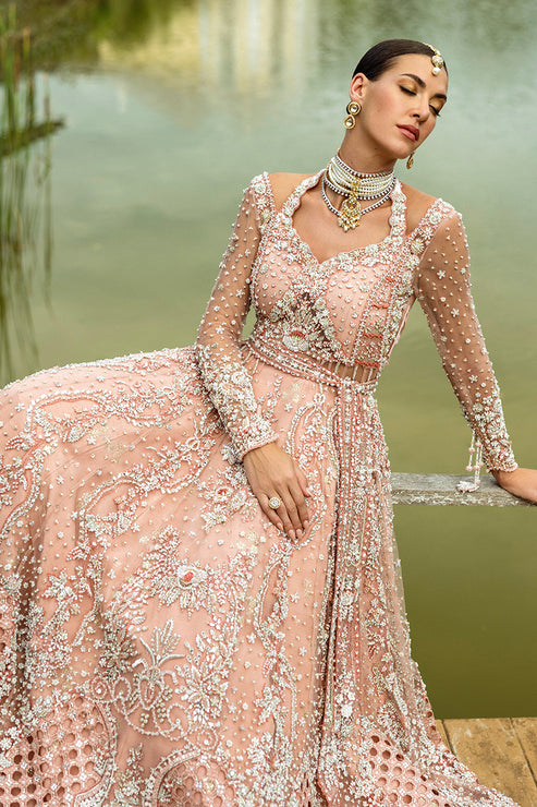 Elegant Pakistani Bridal Dress in Peach Lehenga Kameez Style