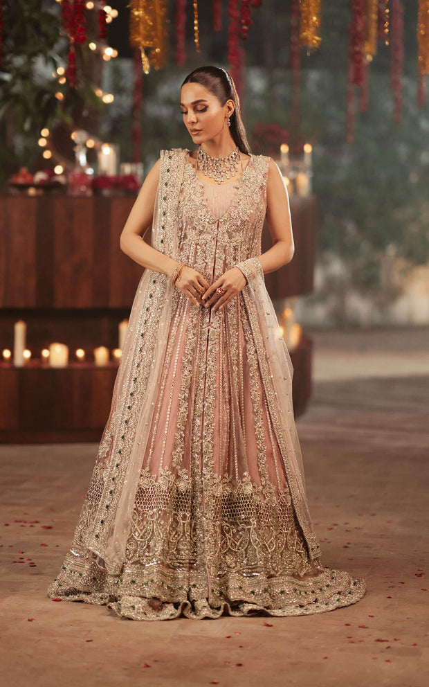 Elegant Pakistani Bridal Dress in Pink Open Gown Lehenga Style