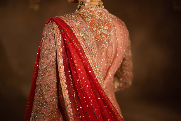 Elegant Pakistani Bridal Dress in Pink Pishwas Lehenga Style