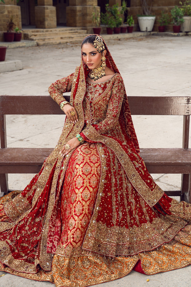 Elegant Pakistani Bridal Dress in Red Open Gown Lehenga Style