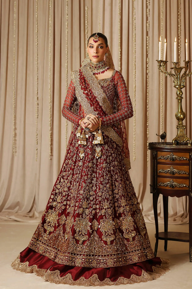 Elegant Pakistani Bridal Dress in Red Pishwas Lehenga Style