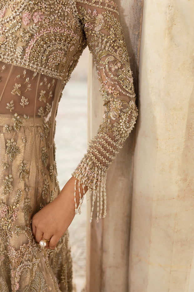 Elegant Pakistani Bridal Outfit in Lehenga and Open Gown Style