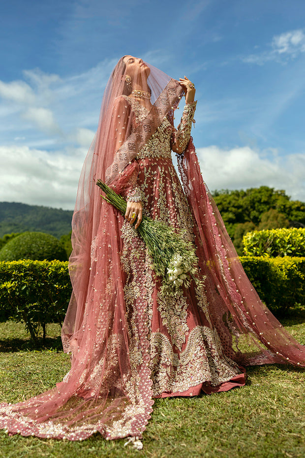 Elegant Pakistani Bridal Outfit in Tea Pink Lehenga Frock Style