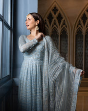 Elegant Pakistani Wedding Dress in Blue Pishwas Frock Style