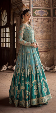 Elegant Pakistani Wedding Dress in Blue Pishwas Trouser Style