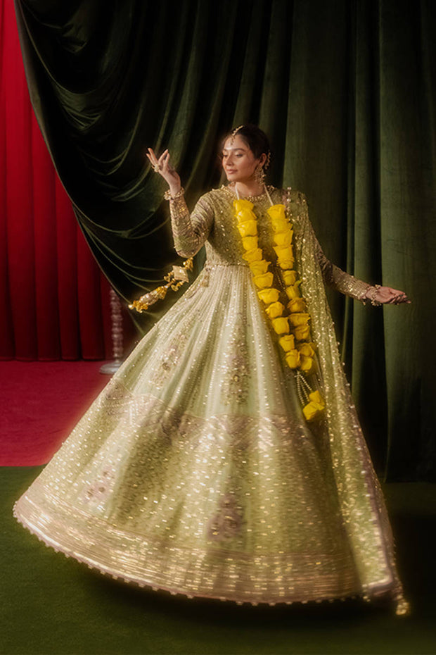 Elegant Pakistani Wedding Dress in Pistachio Green Gown Style