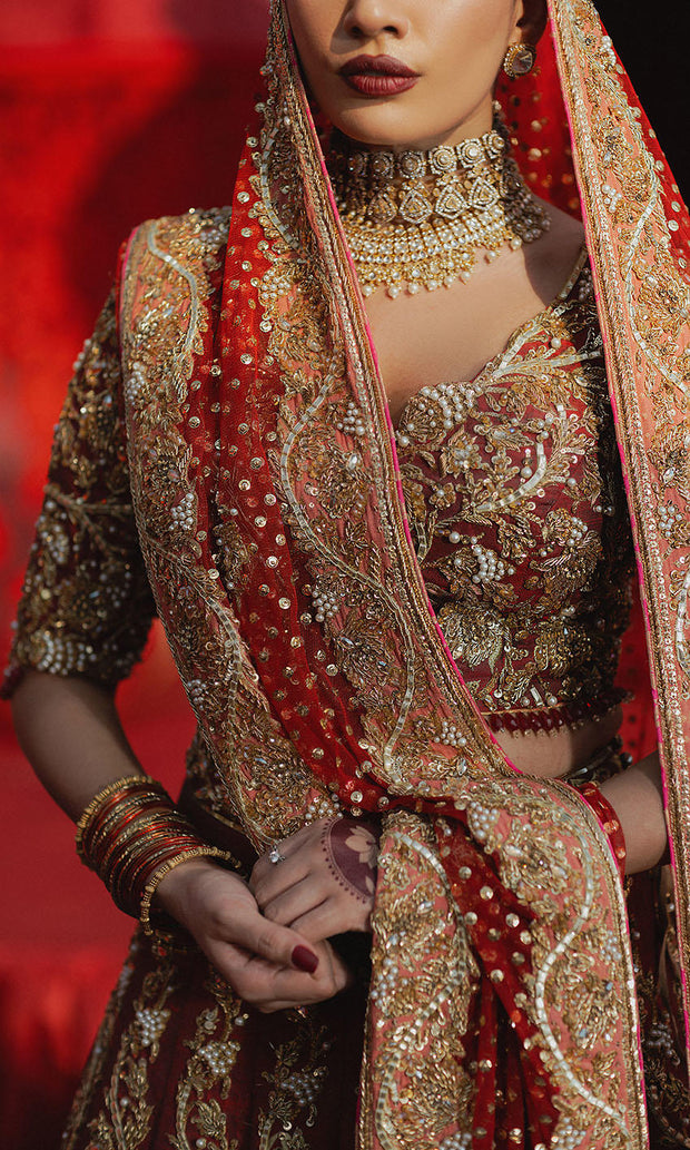 Elegant Pakistani Wedding Dress in Red Choli and Lehenga Style