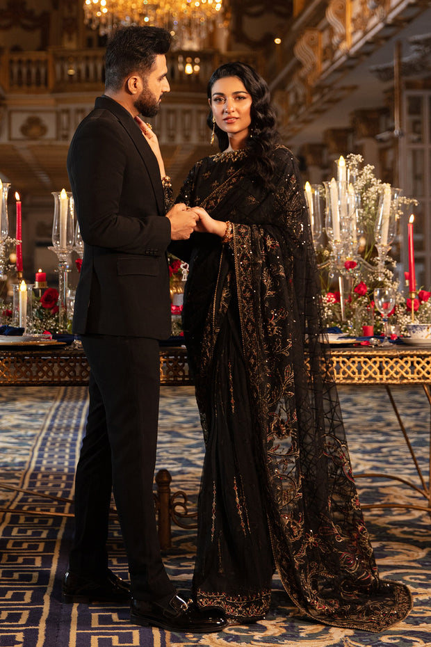 Elegant Pakistani Wedding Dress in Classic Black Shade Net Saree Nameera by Farooq