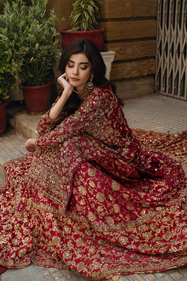 Elegant Red Bridal Lehenga and Kameez Pakistani Wedding Dress