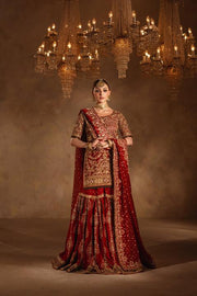 Elegant Red Pakistani Bridal Dress in Gharara and Kameez Style