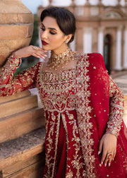 Elegant Red Pakistani Bridal Dress in Lehenga and Pishwas Style