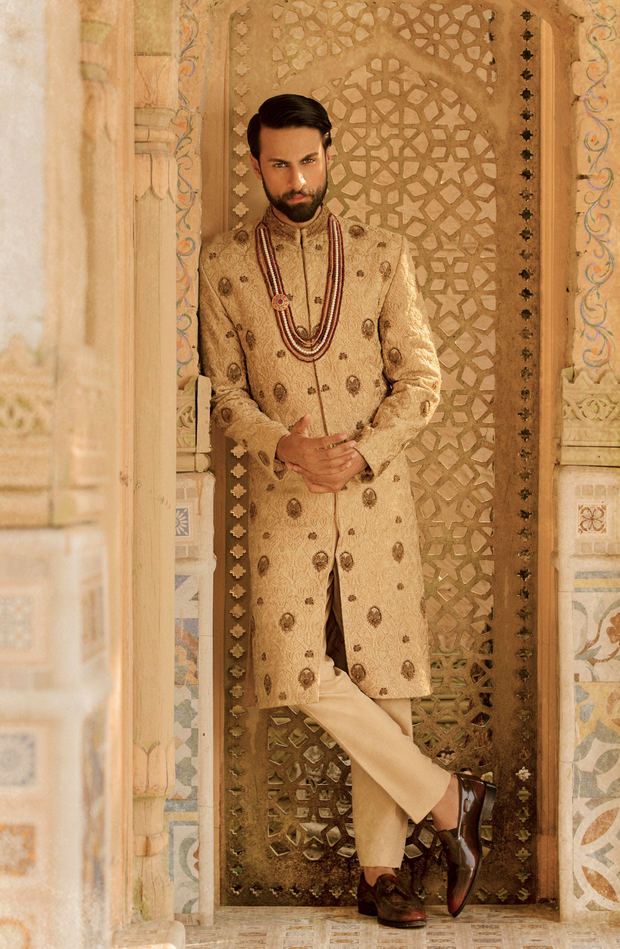 Elegant Traditionally Beige Pakistani Groom Sherwani