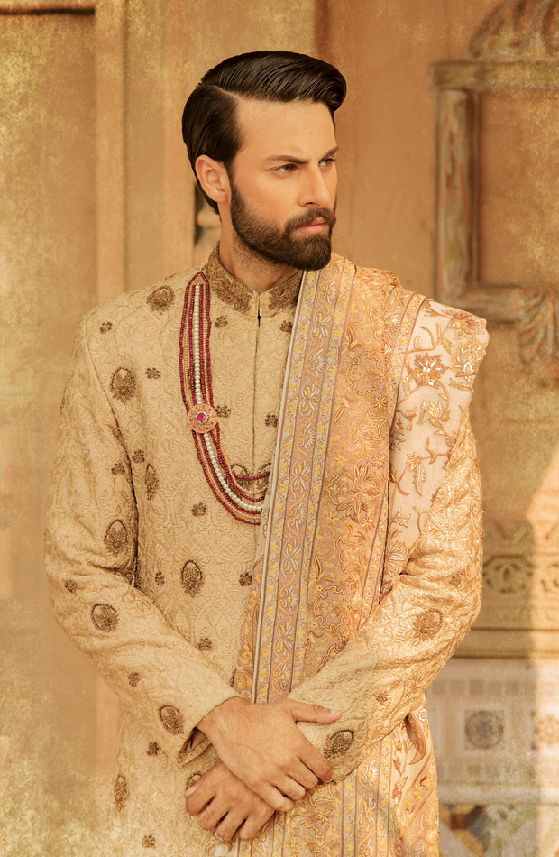 Elegant Traditionally Embroidered Beige Pakistani Groom Sherwani