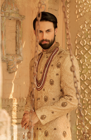 Elegant Traditionally Embroidered Beige Pakistani Groom Sherwani