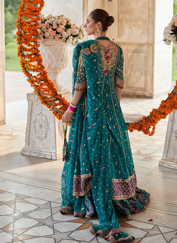 Embellished Pakistani Bridal Dress in Kalidar Teal Style