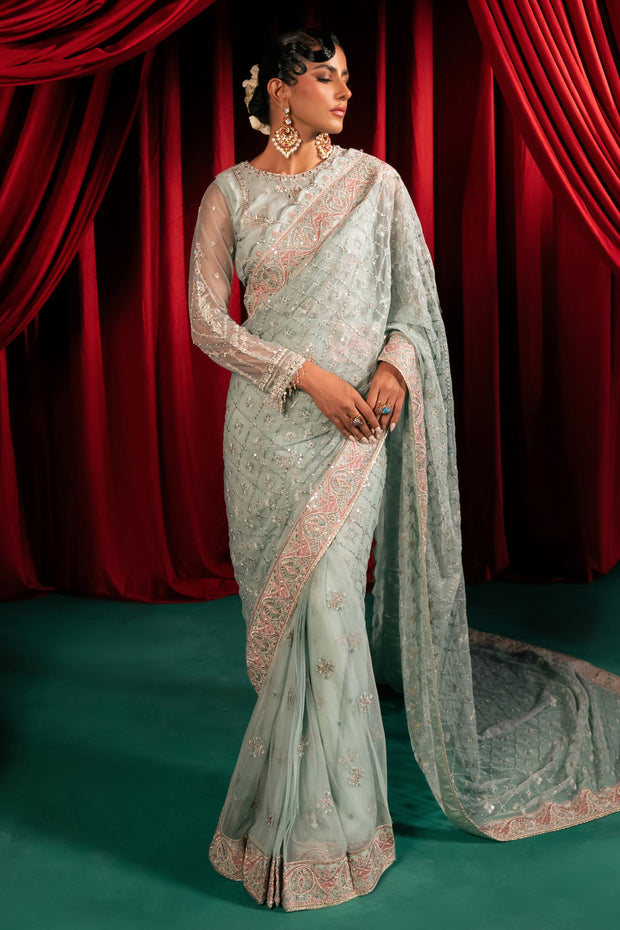 Embroidered Sky Blue Pakistani Wedding Classic Net Saree