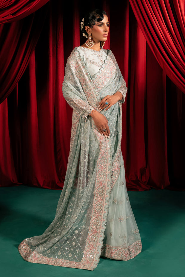 Embroidered Sky Blue Pakistani Wedding Dress Classic Net Saree