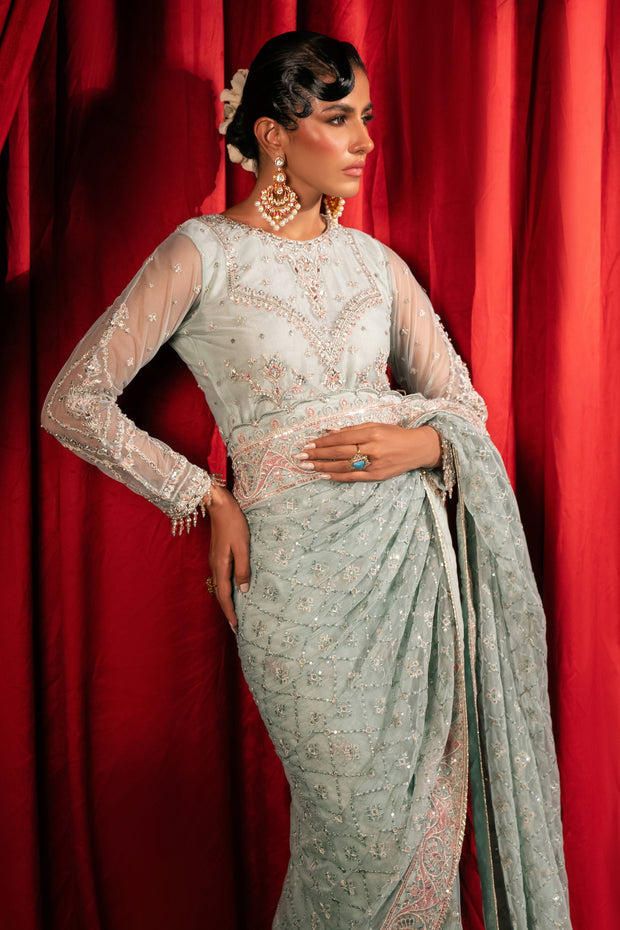 Embroidered Sky Blue Pakistani Wedding Dress Classic Saree