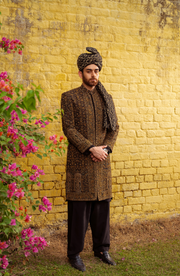 Exquisite Black Silk Heavily Embroidered Pakistani Groom Sherwani