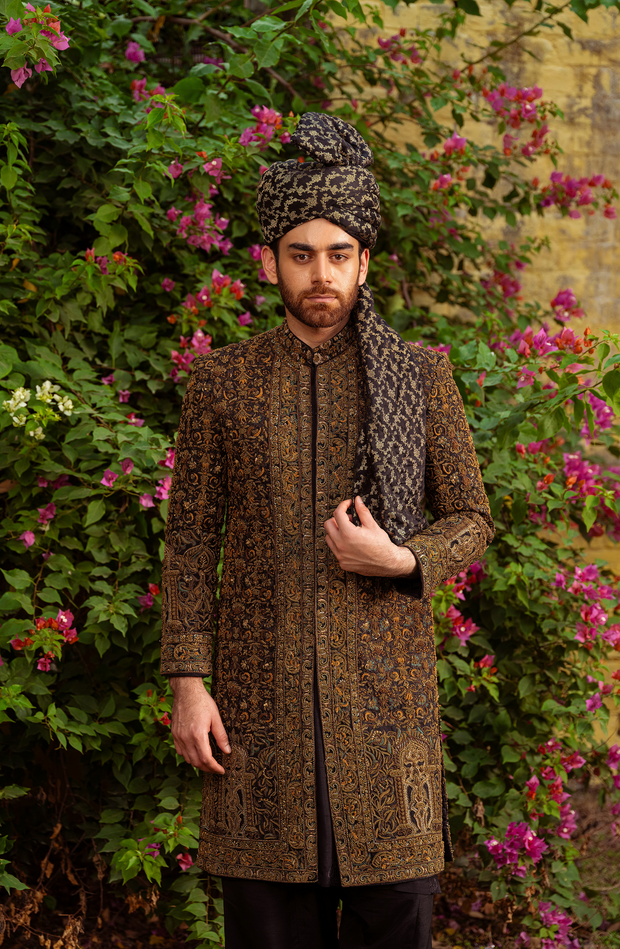 Exquisite Black Silk Embroidered Pakistani Groom Sherwani