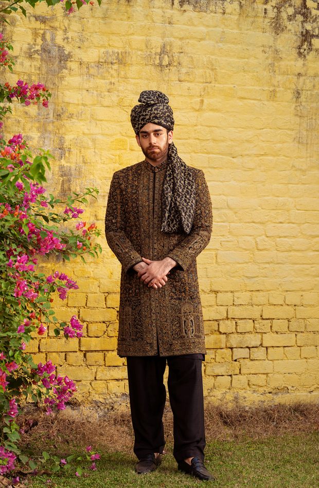 Exquisite Black Silk Heavily Embroidered Pakistani Groom Sherwani