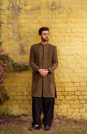 Exquisite Black Silk Pakistani Groom Sherwani