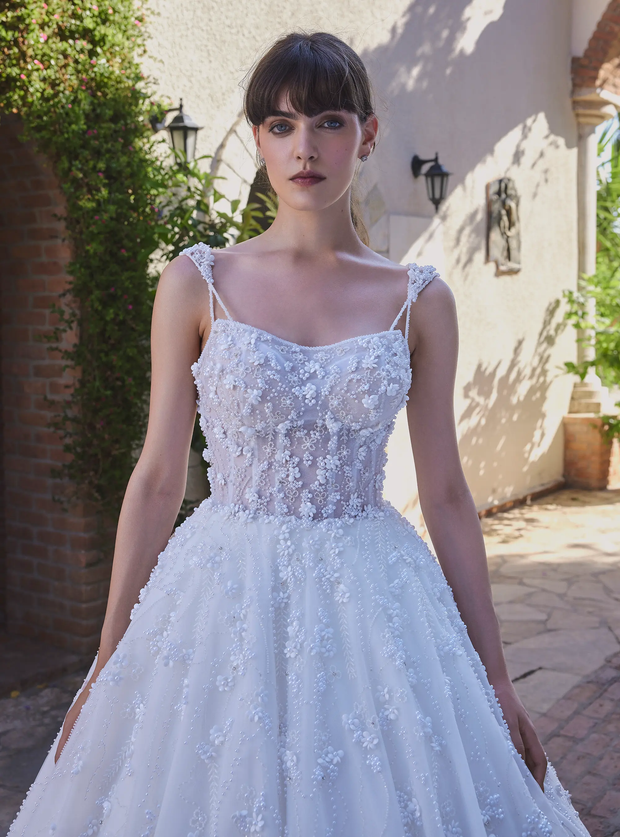 Floral Design Bridal gown with Embroidered Pearl Shimmering Crystals