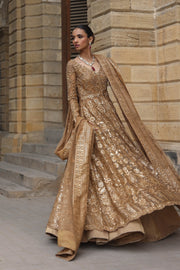 Gold Bridal Frock Lehenga for Pakistani Wedding Dress