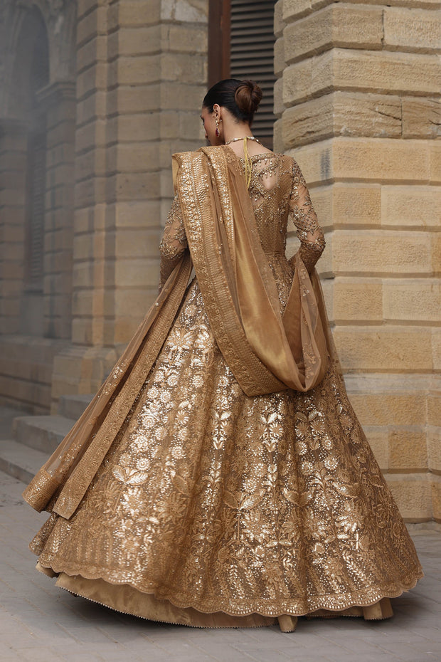Gold Bridal Frock Lehenga for Pakistani Wedding Dresses 2023