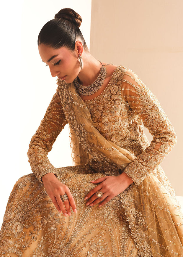 Gold Pakistani Bridal Dress in Gown Lehenga Style