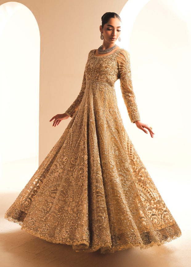 Gold Pakistani Bridal Dress in Gown and Lehenga Style