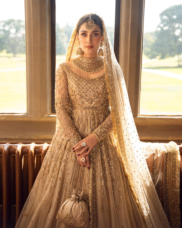 Gold Pakistani Bridal Dress in Pishwas Lehenga Style Online