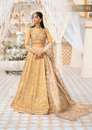 Golden Embroidered Pakistani Wedding Gown Pishwas Crushed Gharara