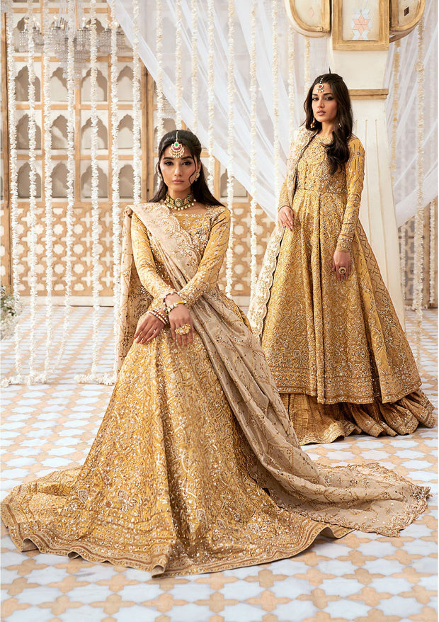 Golden Embroidered Pakistani Wedding Gown Pishwas With Crushed Gharara