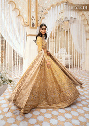 Golden Embroidered Pakistani Wedding Gown Pishwas with Gharara