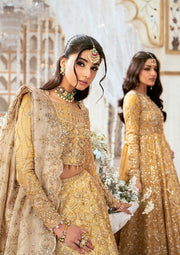 Golden Embroidered Pakistani Wedding Pishwas With Crushed Gharara