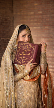 Golden Gharara Kameez Dupatta Pakistani Wedding Dress