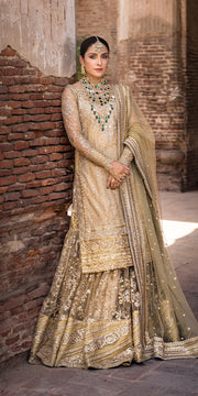 Golden Gharara Kameez Dupatta Pakistani Wedding Dress