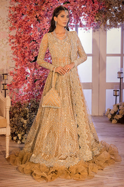 Golden Lehenga Gown Dress for Pakistani Bridal Dresses – Nameera by Farooq