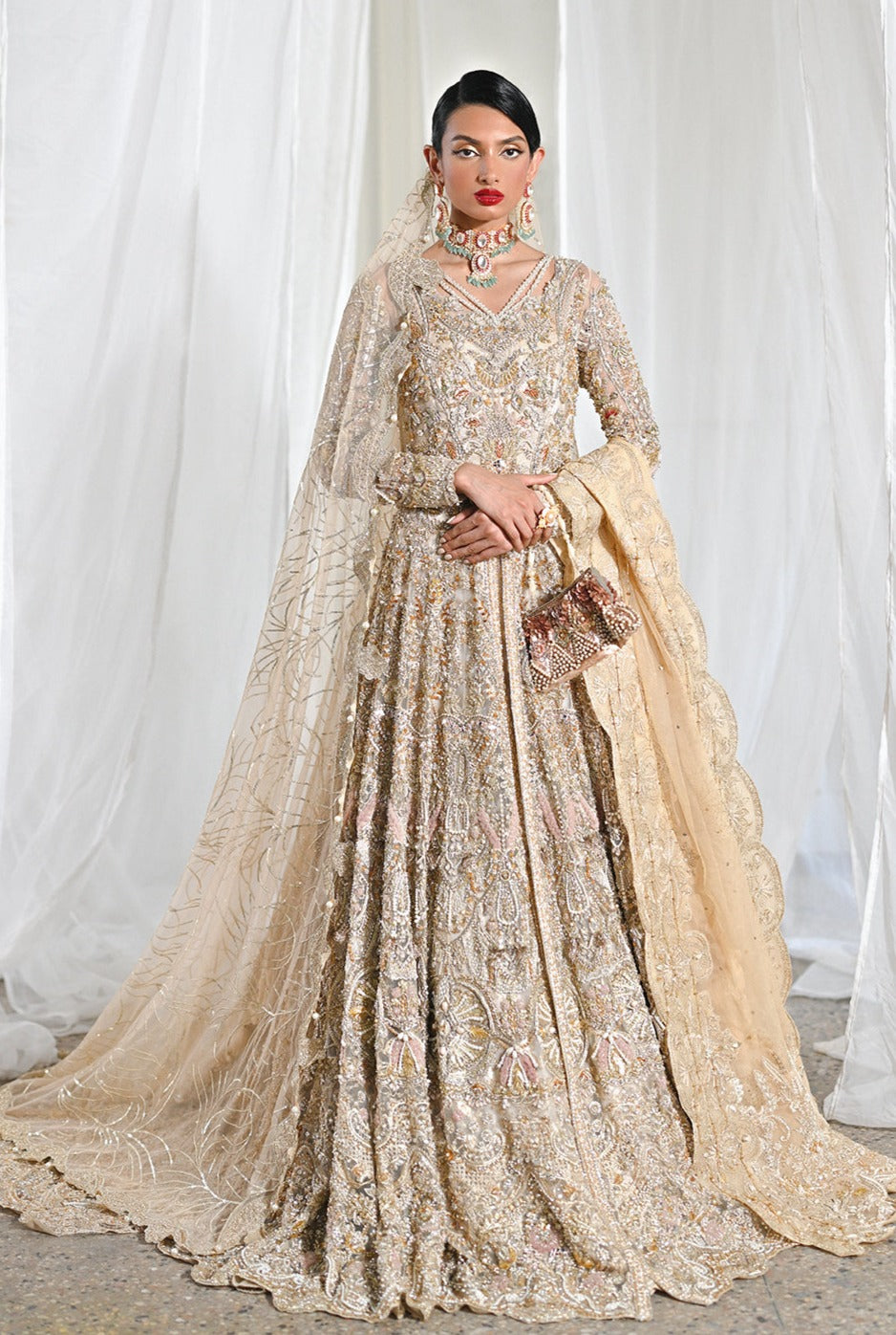 Golden Pakistani Bridal Outfit in Gown Lehenga Style – Nameera by Farooq