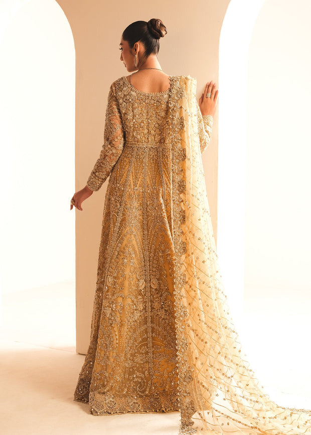 Golden Pakistani Bridal Dress in Gown and Lehenga Style