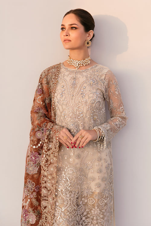 Golden Pakistani Party Dress in Net Kameez and Trouser Style