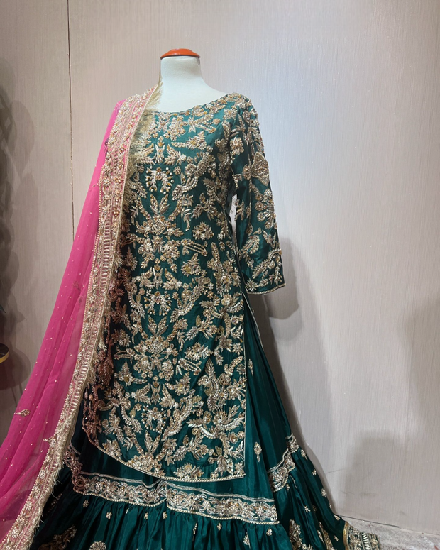 Green Pakistani Bridal Dress in Kameez Lehenga Style