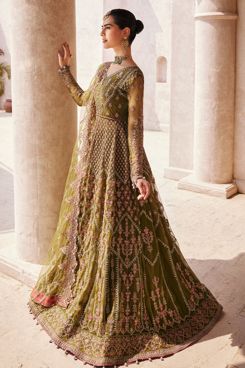 Green Pakistani Wedding Dress in Pishwas Frock Style Online